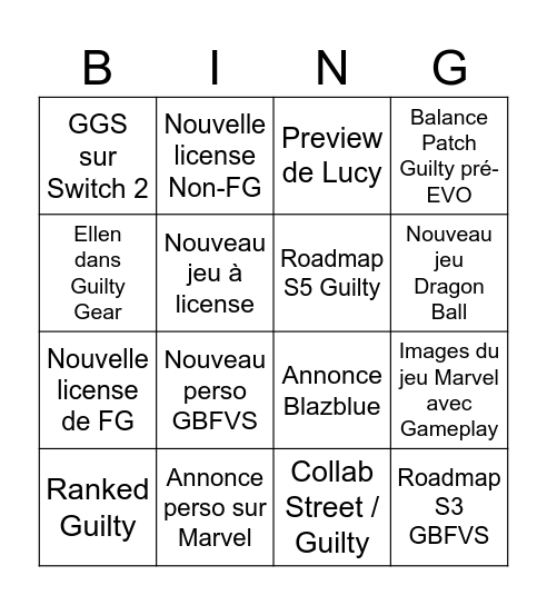 Annonces ArcSys Bingo Card