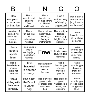 Get To Know You Bingo Card