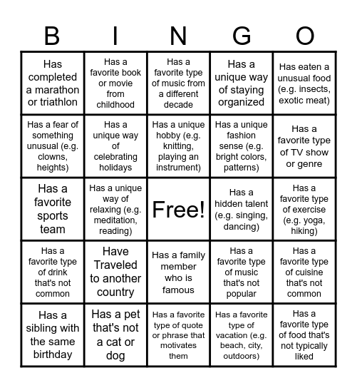 Get To Know You Bingo Card