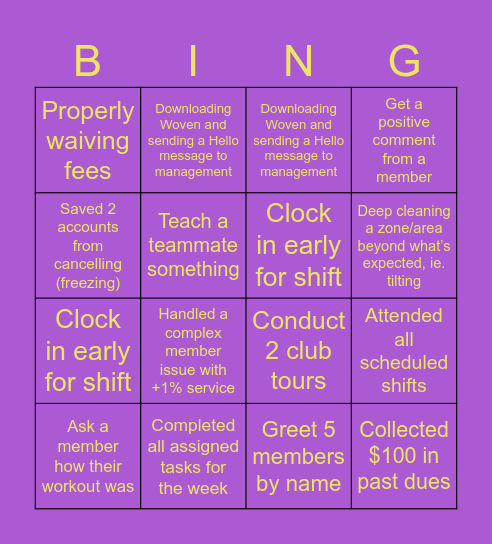 Planet Fitness  +1% Service Bingo Challenge Bingo Card