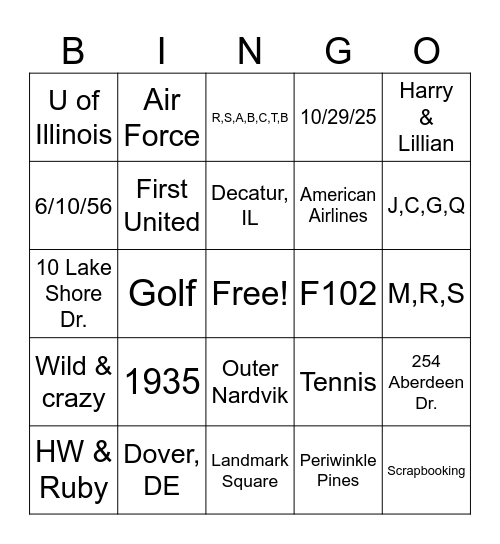 Schneider Bingo Card