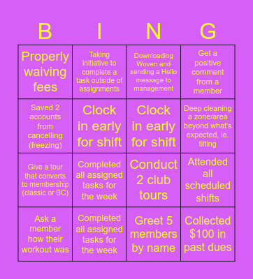 Planet Fitness +1% Service Challenge Bingo Card