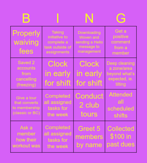Planet Fitness +1% Service Challenge Bingo Card