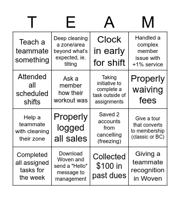 Planet Fitness +1% Service Challenge Bingo Card