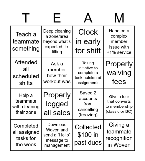 Planet Fitness +1% Service Challenge Bingo Card