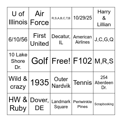 Schneider Bingo Card