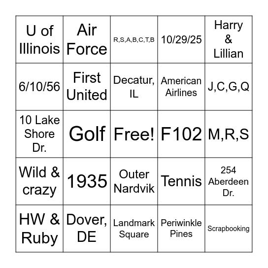 Schneider Bingo Card