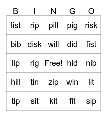 Short /i/ Bingo Card