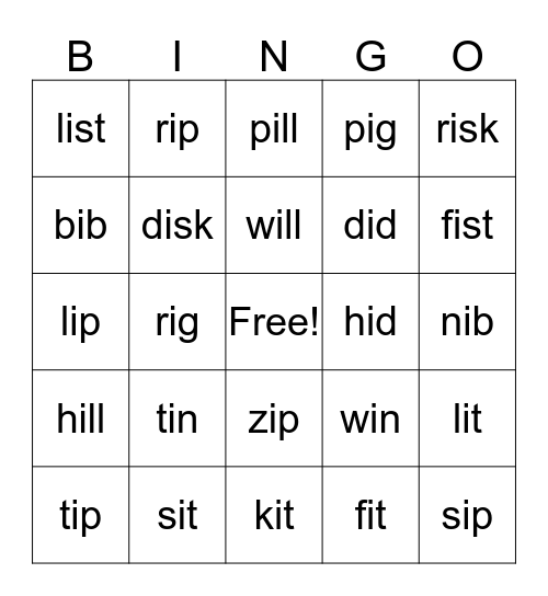 Short /i/ Bingo Card