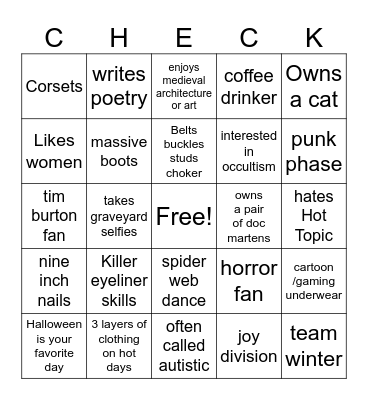 Goth girl checklist Bingo Card