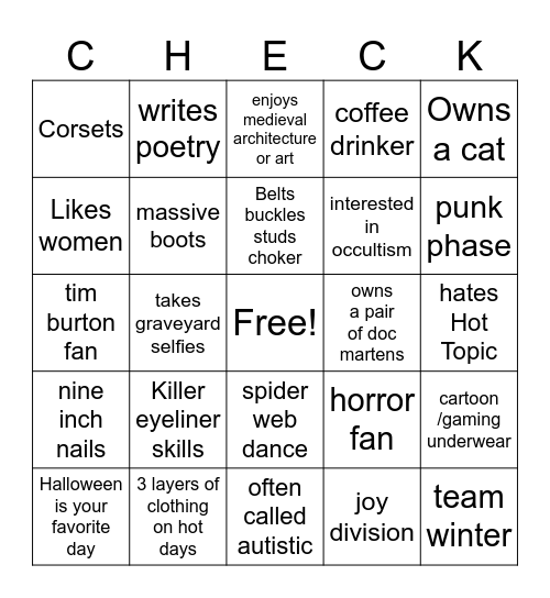 Goth girl checklist Bingo Card