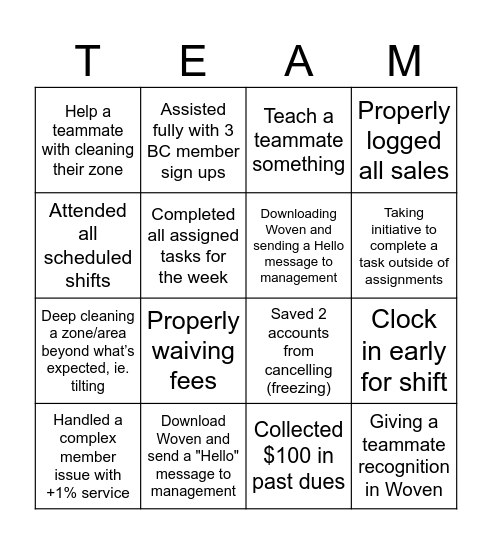 Planet Fitness +1% Service Challenge Bingo Card