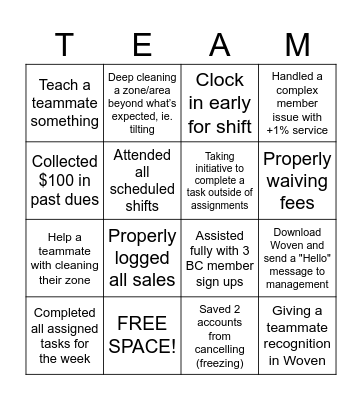 Planet Fitness +1% Service Challenge Bingo Card