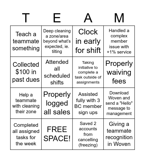 Planet Fitness +1% Service Challenge Bingo Card