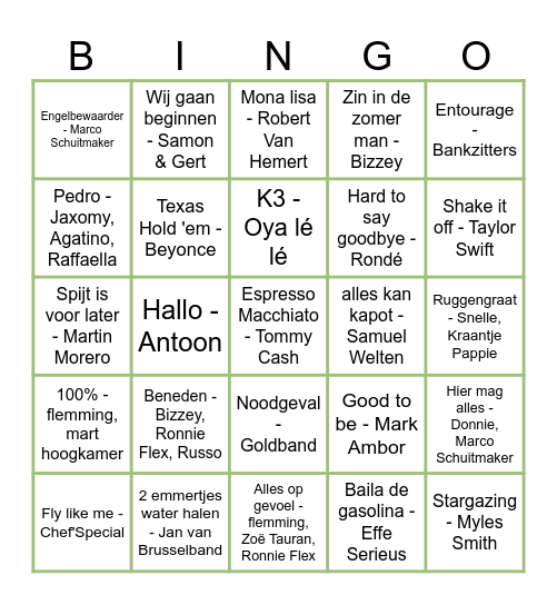 Muziekbingo 2025 Bingo Card