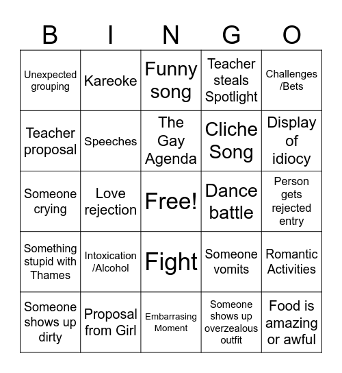 Prom Bingo Card