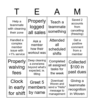 Planet Fitness +1% Service Challenge Bingo Card