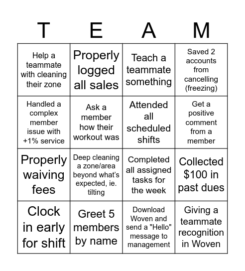 Planet Fitness +1% Service Challenge Bingo Card