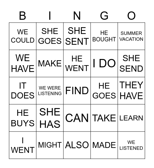 VERBS Bingo Card