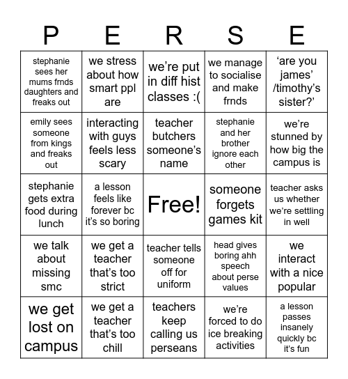 Sixth form Bingo Card