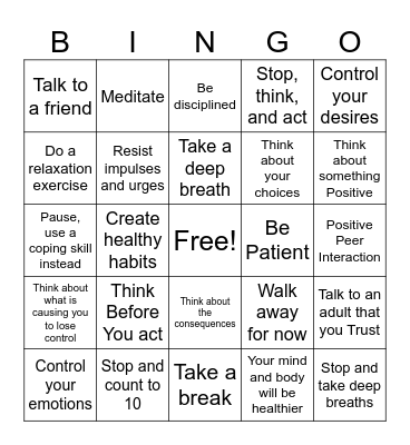 Self Control Bingo Card