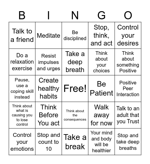 Self Control Bingo Card