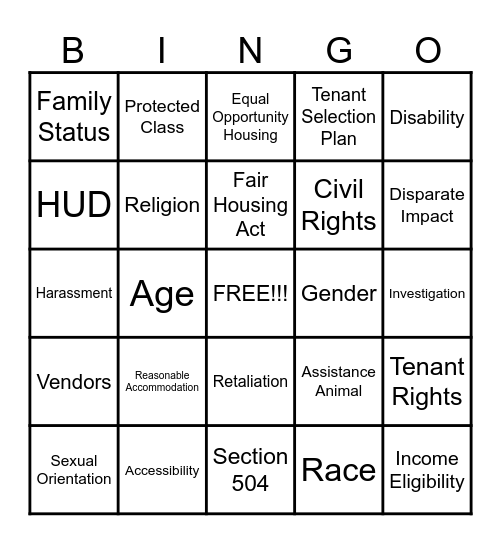Federal Fair Housing! Bingo Card