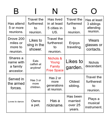 Nichols & Young Family Reunion 2025 Bingo Card