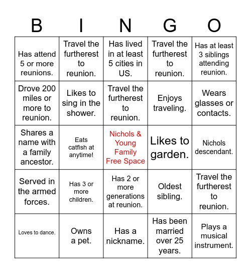 Nichols & Young Family Reunion 2025 Bingo Card