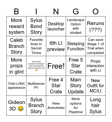 Love and Deepspace 4.0 Bingo Card