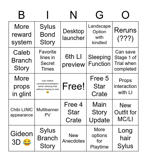 Love and Deepspace 4.0 Bingo Card