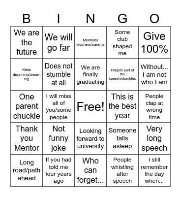 Valedictorian Bingo Card