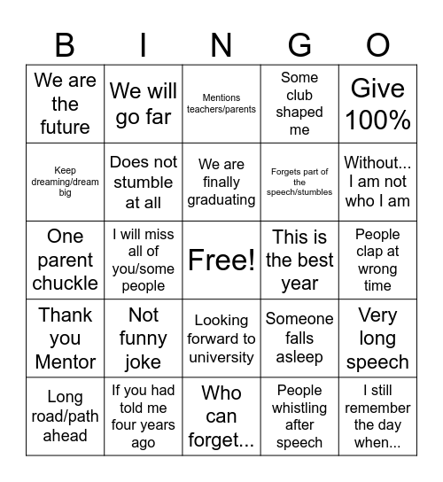 Valedictorian Bingo Card