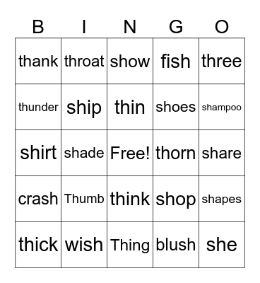 "SH" and "TH" Bingo Card