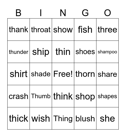 "SH" and "TH" Bingo Card