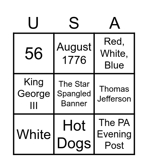 July 4th Bingo Card