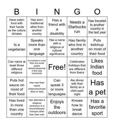 Cultural Diversity Bingo Card
