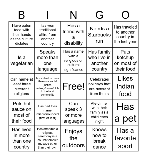 Cultural Diversity Bingo Card