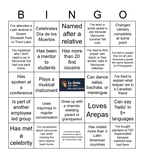 Latinos Bingo! Bingo Card