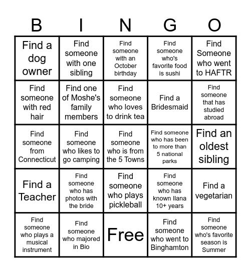 Ilana's Bridal Shower Bingo Card