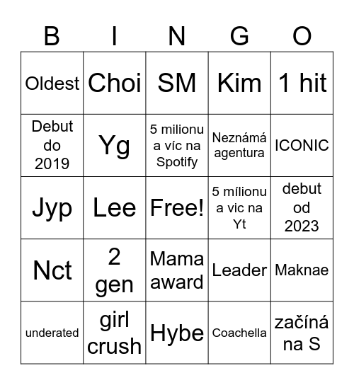 kpop bingo Card