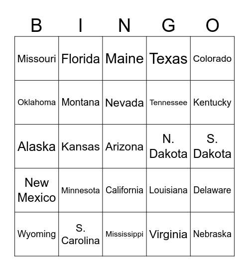 License Plate Bingo Card