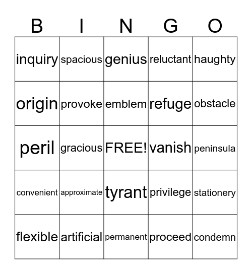 Spelling Vocabulary Bingo Card