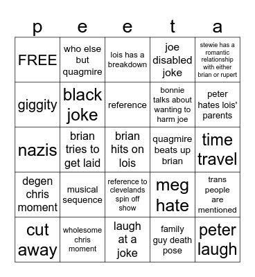 Family Guy Bingo Card