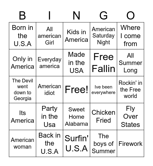 Red White and Blue Music Bingo Card