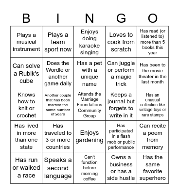 Human Bingo Game Bingo Card