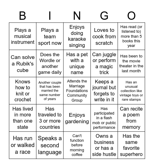 Human Bingo Game Bingo Card