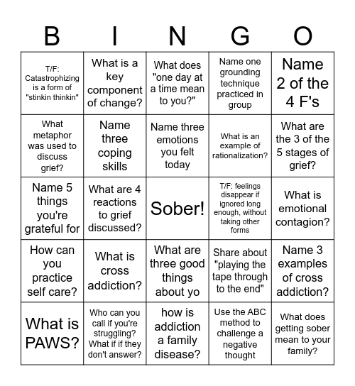 Recovery Bingo Card