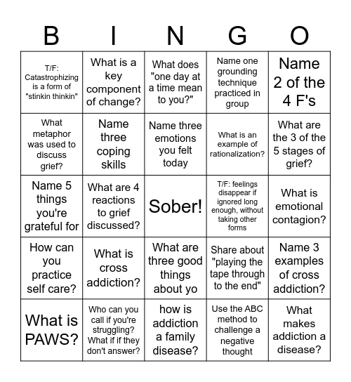 Recovery Bingo Card