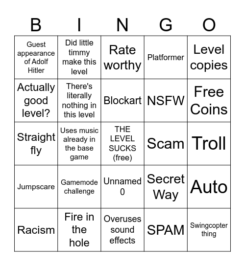 Geometry Dash Recent Tab Bingo Card